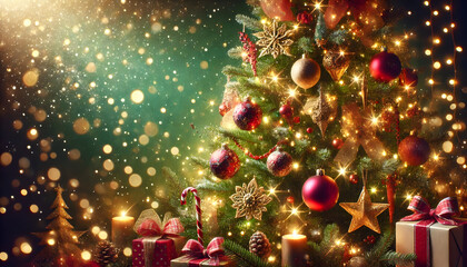 Christmas tree decorated with ornaments and glowing lights on a green background, glittering bokeh.