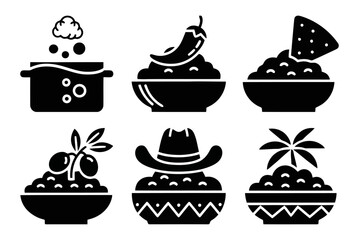 Solid filled icon set depicting diverse regional bean dip varieties including mexican southwestern mediterranean tex mex and caribbean