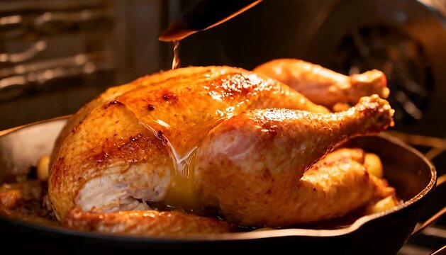 Roasting a whole chicken in a cast iron skillet with basting for a golden brown crust and juicy interior.