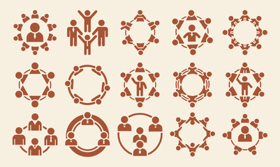 Solid filled social group community team leadership circles icon set on a dark background for digital and print design applications