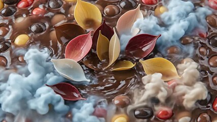 A close-up of melted milk chocolate filled with multi-colored candy-coated spheres and wispy confections