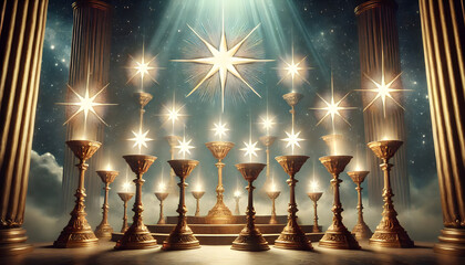 Seven stars float above and among seven golden candlesticks.