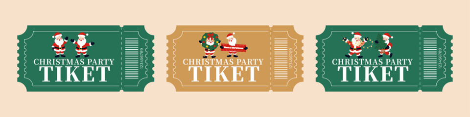 Set of Christmas entrance tickets — festive cartoon design with Santa Claus, wreath, christmas tree and Christmas lights. Cute vector holiday illustration in red, green, and gold colors