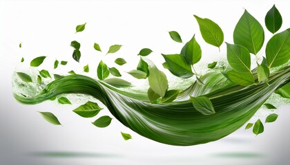 green floating and flying leaves dance in the air symbolizing natural healthy products made from organic ingredients isolated on a white background
