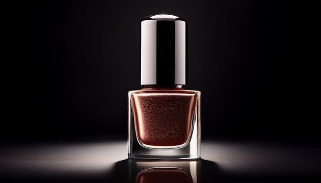 sleek nail polish bottle stands prominently against dark background reflecting sense of minimal luxury high fidelity image captures essence of elegance and sophistication