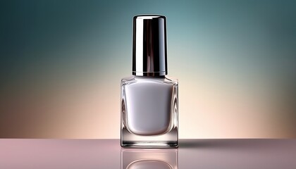 sleek nail polish bottle with glossy silver cap sits against soft gradient backdrop showcasing its elegant design and subtle color this captures essence of beauty and style