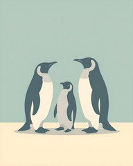 Three Penguins Standing Together on Snowy Surface