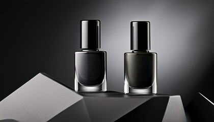 Obraz premium two bottles of nail polish with sleek black caps and minimalist packaging create modern aesthetic showcasing elegance and simplicity