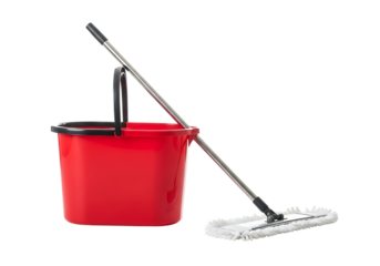 Red mop bucket and flat mop cleaning tools