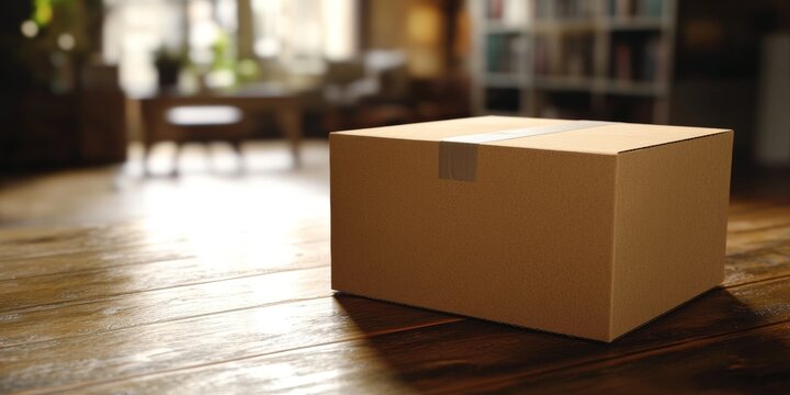 An unopened cardboard box with visible flaps sitting on a wooden surface.