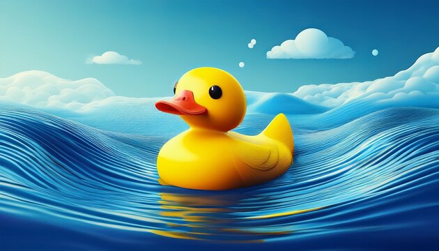 surreal yellow rubber duck floating on blue waves