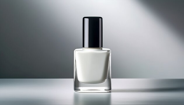 sleek minimalist nail polish bottle with glossy white finish stands against soft gray background embodying luxury and simplicity clean lines and modern design evoke sense of elegance