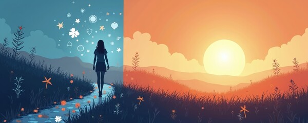 Illustration of woman walking path from darkness to light. Concept of change, transformation, hope. Beautiful landscape with sky at sunrise sunset. Metaphor for life journey.