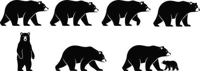 Black Bear Silhouette Collection: Walking and Standing Poses, Mother Bear with Cub, Wildlife Animal Set Isolated on White Background, North American Mammal Flat Vector Illustration