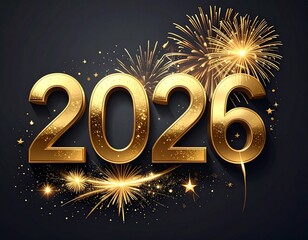 Fototapeta na wymiar 2026 Nowy Rok, elegancki złoty napis z fajerwerkami na ciemnym tle. Szczęśliwego Nowego Roku. Kartka świąteczna z życzeniami.
