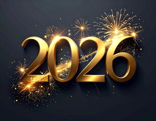 Fototapeta na wymiar 2026 Nowy Rok, elegancki złoty napis z fajerwerkami na ciemnym tle. Szczęśliwego Nowego Roku. Kartka świąteczna z życzeniami.