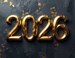 2026 Nowy Rok, elegancki minimalistyczny złoty napis na ciemnym tle. Szczęśliwego Nowego Roku. Kartka świąteczna z życzeniami.  © Anita