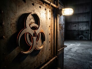 Rusty Metal Door with Biohazard Symbol in Dark Abandoned Room.