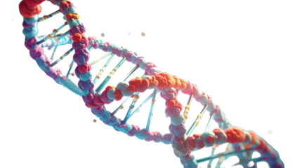 Twisted, colorful double helix representation, showcasing the structure of genetic material