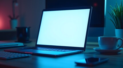 Modern Laptop Mockup with Blank Screen on Clean Workspace Desk