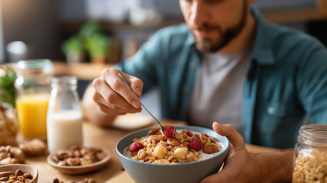Man eating breakfast, healthy morning meal, nutritious food consumption, wellness start day, balanced diet choice, home dining setting, breakfast routine moment, faceless person ea