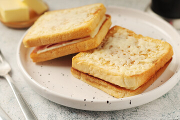 A Croque monsieur sandwich, traditional dish of French cuisine	