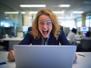 A woman is sitting at a desk with a laptop in front of her. She is yelling and she is very excited