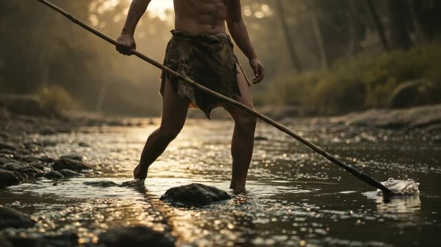 A man is in shallow water with a spear, aiming to catch fish during sunset near a forest