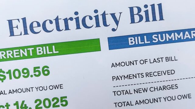 Electrcitiy bill close up 4k footage with amount and due date. Total bill, charges, energy, utility.