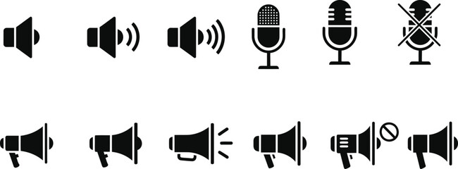 Sound microphone and megaphone icons set in black silhouette