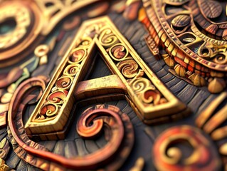 A luxurious gold letter 'A' intricately carved and embossed into a dark wooden surface, giving off an aura of sophistication.