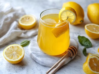 A glass of lemonade with a lemon slice in it. There are also several lemons on the table