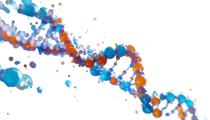 Abstract 3D rendering of a double helix structure composed of spheres on a black background