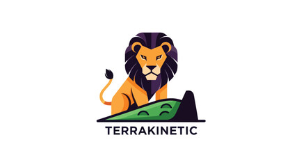 Geometric lion with purple mane sits on green hill