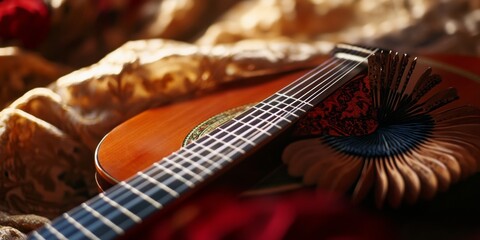 Classical guitar with intricate design on strings and fretboard against a blurred floral background.