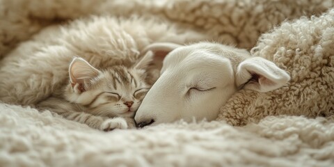 Peaceful scene of a white sheep sleeping next to an adorable kitten on a soft blanket.