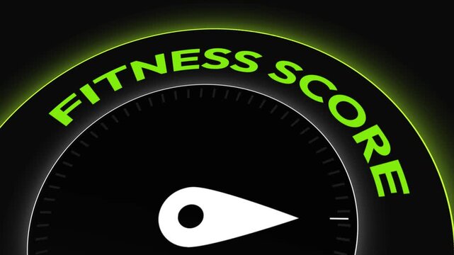 Fitness score speedometer with white needle 4k animation, close up. Gym, diet, maximum fitness.