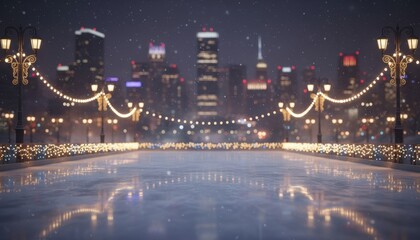 Magical outdoor ice rink in a snowy city at night, glowing with string lights and surrounded by a festive skyline, creating a serene and enchanting winter atmosphere for seasonal celebration and joy.
