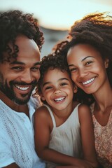 A joyful image of a smiling father, mother and daughter in an outdoor setting during sunset.