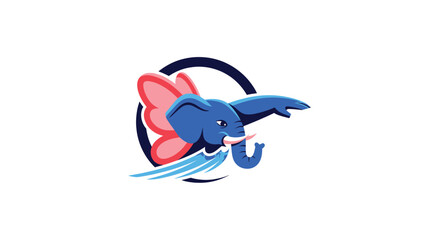Stylized blue elephant head with water spray and pink ears in a dark blue circle