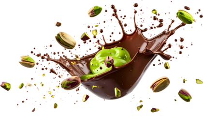 A splash of rich, dark chocolate engulfing a green object with scattered pistachios