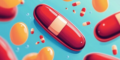 A colorful illustration featuring a red pill and several yellow pills scattered on the floor, creating an artistic representation of medication spills.