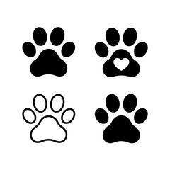 Fototapeta premium Pet paw print icon collection — black paw silhouettes and outlined paw glyphs including heart paw design for pet care, veterinary, animal charity and pet branding