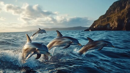 A group of dolphins are swimming in the ocean. There are four dolphins in the water. They are all jumping out of the water