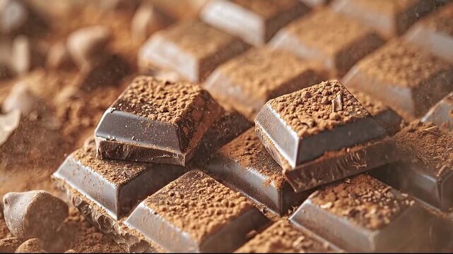 A close-up of stacked dark chocolate squares generously sprinkled with fine cocoa powder