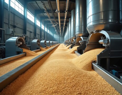 Large industrial facility milling grains. Machines process wheat creating flour for food production. Interior view of modern automated factory with silos and conveyors.
