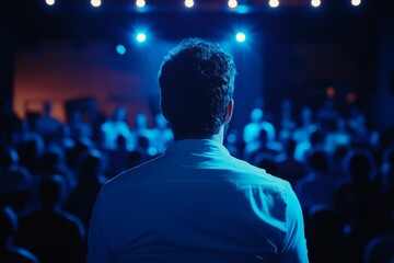 A man on a stage giving a speech or presentation while the audience is seated in the dark.
