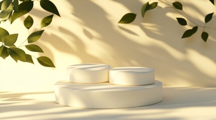 A white pedestal with three white circles on it. The pedestal is in front of a wall with leaves on it