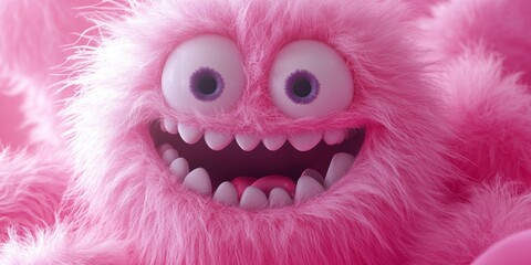 A playful stuffed toy in a vibrant pink hue. Its fluffy texture contrasts with its oversized mouth and sharp teeth, giving it a whimsical and fun appearance. Perfect for childrens' rooms or as a gift.