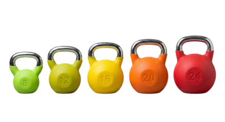 Gradient of kettlebells, showcasing progressive weights for fitness training regimes, Isolated